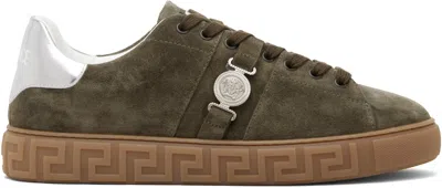 Versace Khaki Greca Embellished Suede Sneakers In Green