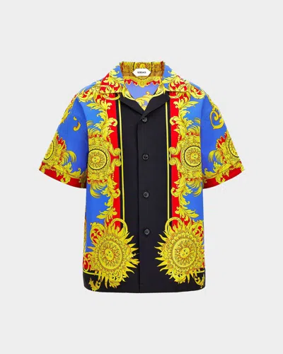 Versace Kid & Apos;s Printed Cotton Poplin Camp Shirt In Blue