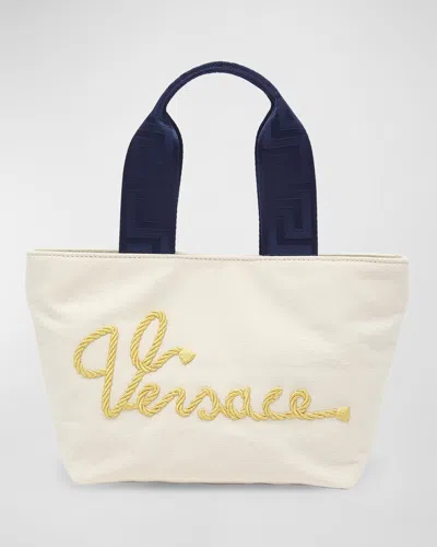 Versace Kid's Embroidered Canvas Tote Bag In Natual Navy