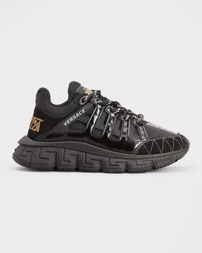 Versace Kid's Trigreca Printed Low-top Trainer Sneakers, Kids In Nero/oro