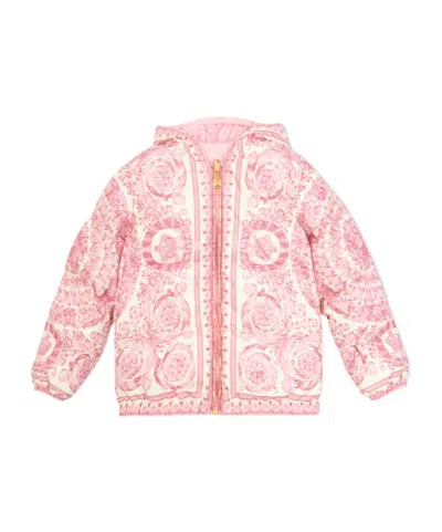 Versace Kids All-over Printed Zip-up Hooded Jacket In Pink