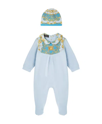 Versace Kids Barocco-printed Long Sleeved Babygrow Set In Blue