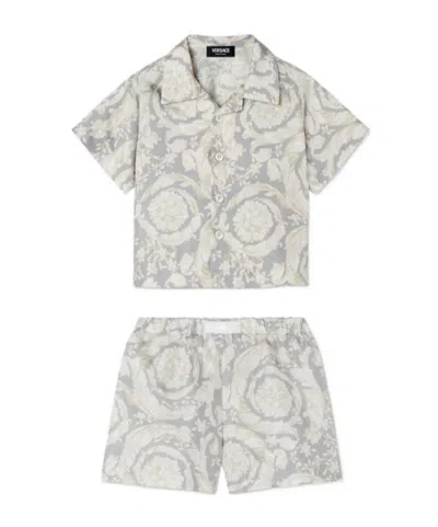 Versace Kids Barocco Printed Polo Shirt And Shorts Set In Gray