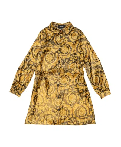 Versace Kids Barocco-printed Straight Hem Shirt Dress In Yellow