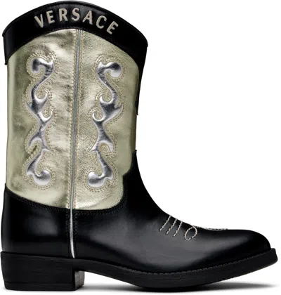 Versace Kids Black & Gold Embroidered Texan Boots In 5ba20-nero+oro+argen