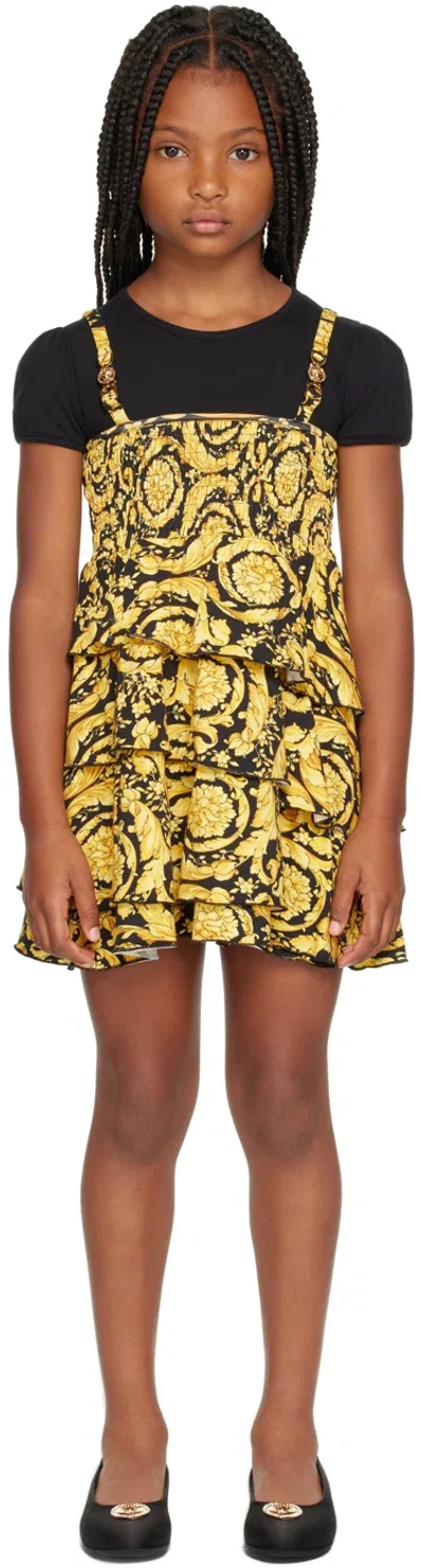 Versace Kids Black & Yellow Barocco Dress In 2b130