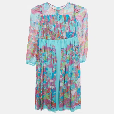 Pre-owned Versace Kids Blue Floral Print Silk Chiffon Pleated Dress 6 Yrs