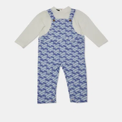 Pre-owned Versace Kids Blue La Greca Print Cotton Knit Jumpsuit 9-12 M