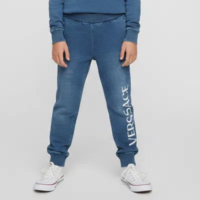 Pre-owned Versace Kids Blue Logo Print Jersey Denim Effect Sweatpants 4yrs