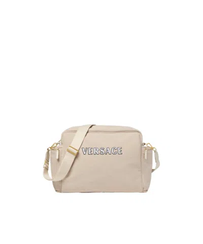 Versace Kids Embroidered-logo Canvas Changing Bag In Neutral