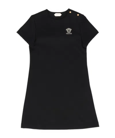 Versace Kids Embroidered-logo Milano-stitch Dress In Black
