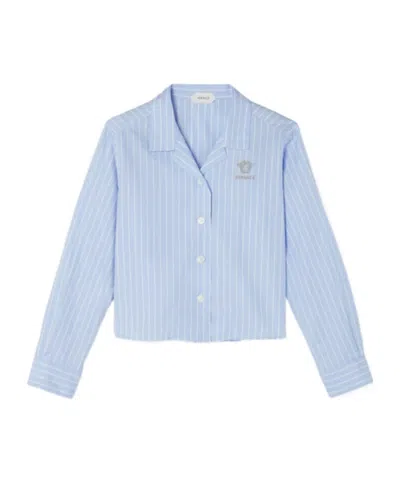Versace Kids Embroidered-logo Striped Cotton-poplin Shirt In Blue