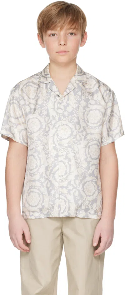 Versace Kids Gray Barocco Silk Shirt In 5e340-concrete+bone
