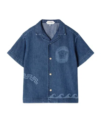 Versace Kids Lasered Denim Shirt In Blue