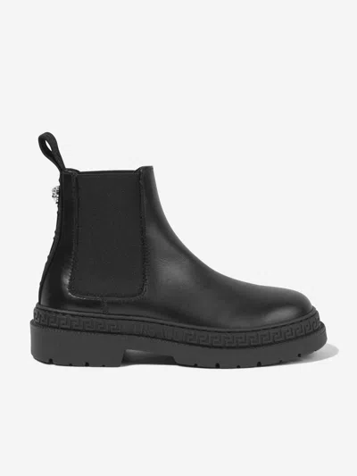 Versace Girl's Greca Calf Leather Chelsea Boots, Kids In Black