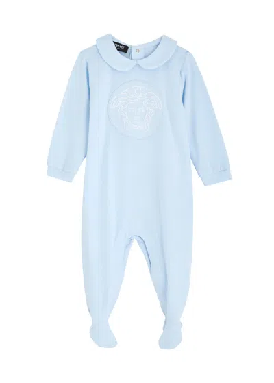 Versace Kids Logo-embroidered Stretch-cotton Babygrow In Blue