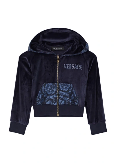 Versace Kids Logo Hooded Velour Sweatshirt (4-6 Years) In Navy