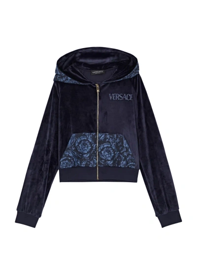 Versace Kids Logo Hooded Velour Sweatshirt (8-14 Years) In Navy