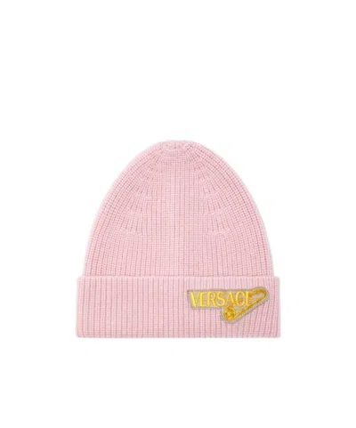 Versace Kids Logo Patch Beanie In Pink