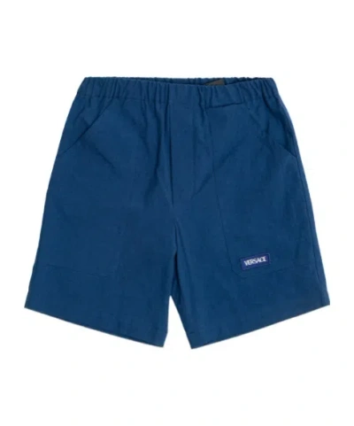 Versace Kids Logo Patch Elastic Waistband Shorts In Blue
