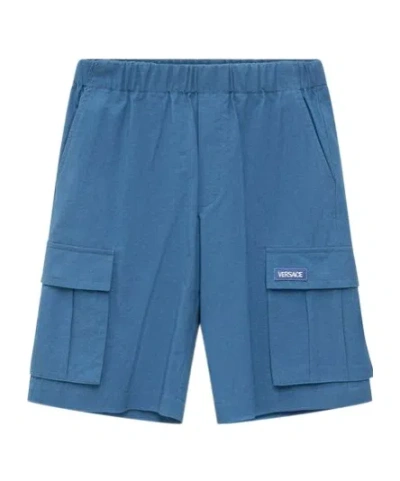 Versace Kids Logo Patch Shorts In Blue