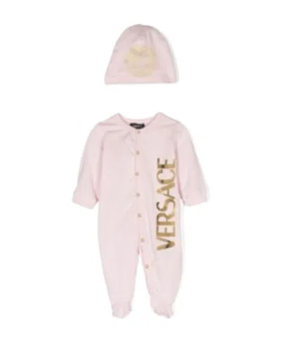 Versace Logo-flocked Cotton Babygrow Set In Pink