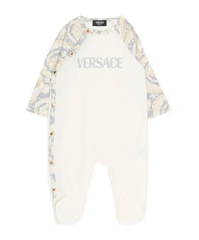 Versace Kids Long Sleeve Logo Print Crewneck Jumpsuit In White