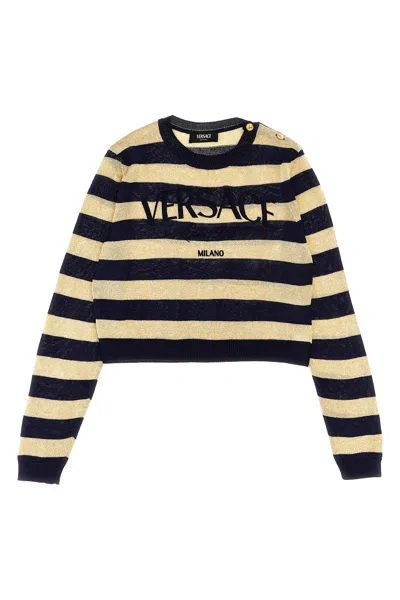 Versace Kids Lurex Striped Sweater With Logo Embroidery In Neutral