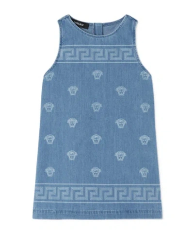 Versace Kids Medusa Bandana Denim Kids Dress In Blue