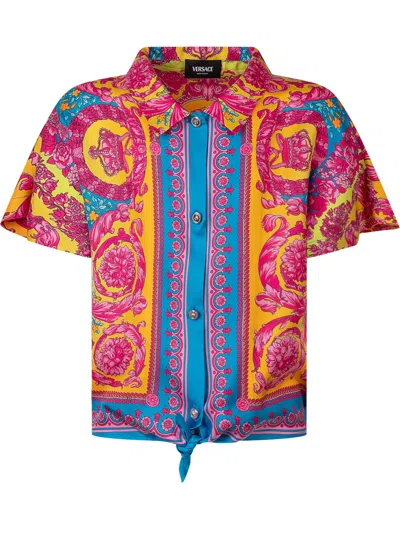 Versace Kids Printed Silk Twill Crop Shirt In Blue