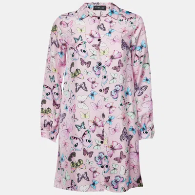 Pre-owned Versace Kids Pink Butterfly Print Silk Shirt Dress Size 14 Yrs
