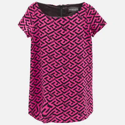 Pre-owned Versace Kids Pink La Greca Print Crepe Short Sleeve Dress 4 Yrs