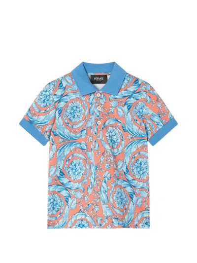 Versace Kids Printed Cotton-piqué Polo In Blue
