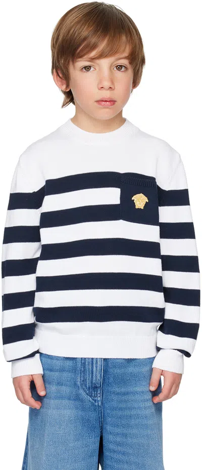 Versace Kids White & Navy Nautical Stripe Jumper In Bianco+navy