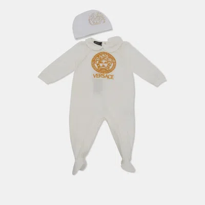 Pre-owned Versace Kids White Logo Embroidered Jersey Sleepsuit 6-9 M