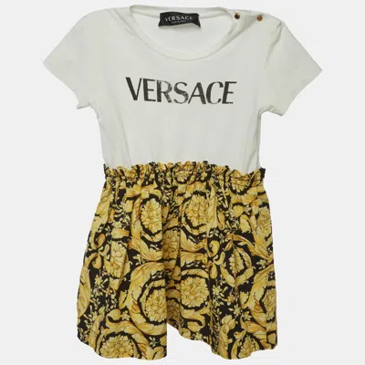 Pre-owned Versace Kids White/black Barocco Print Jersey And Poplin Dress 24 M