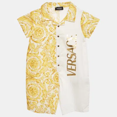 Pre-owned Versace Kids Yellow Barrocco Print Cotton Romper 12-18m