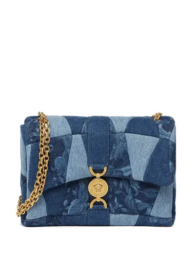 Versace Kleio Denim Quilted Shoulder Bag In Blue