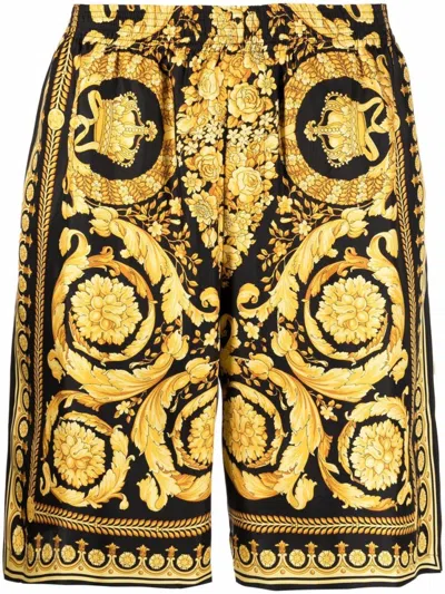Versace Knee-length Black And Gold Silk Shorts With Barocco Print In Black Gold