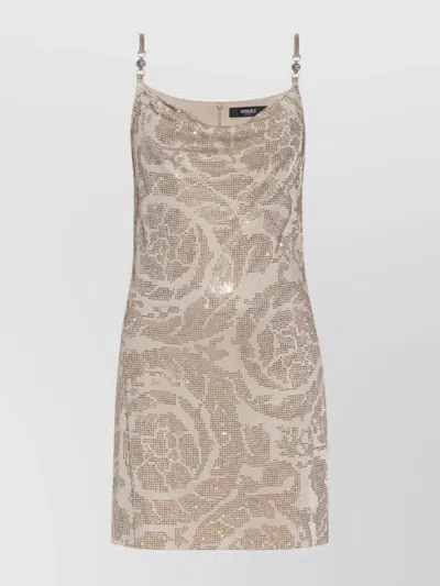 Versace Crystal Barocco Mini Dress In Beige
