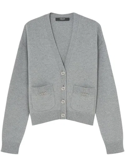 Versace Knit Cardigan Medusa Detail In Gray