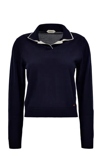 Versace Knit Polo Sweater In Navy