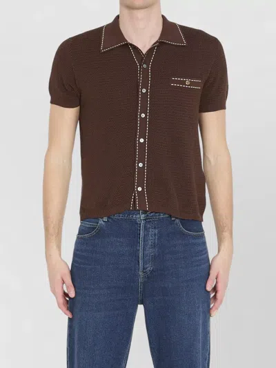 Versace Knit Shirt Regular Fit Point Collar In Brown