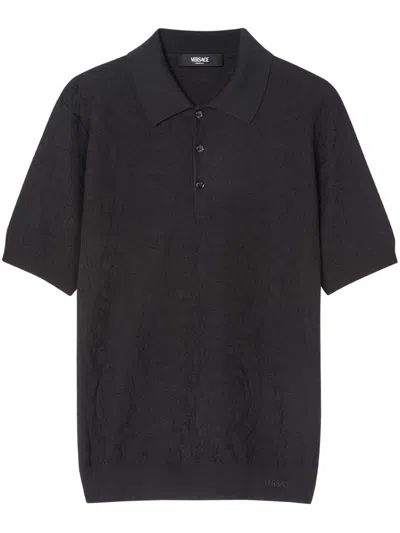 Versace Logo-embroidered Polo Shirt In Black