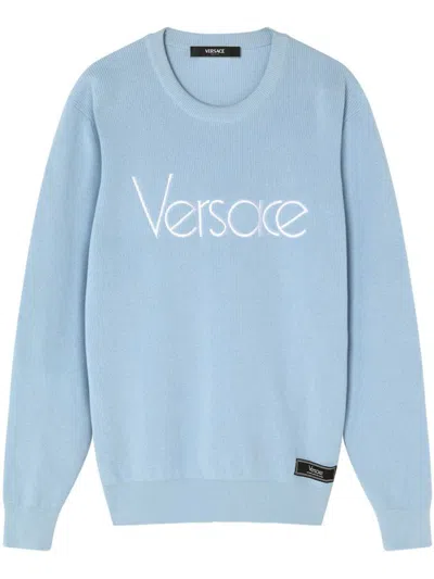 Versace Logo Crewneck Sweater In Light Blue