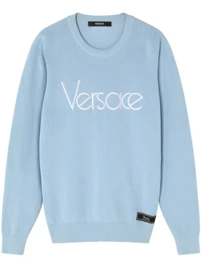 Versace Logo Crewneck Sweater In Pastel Blue