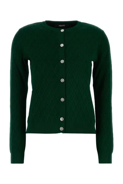 Versace Knit Sweater Textured V Jacquard Stretch Viscose In Green