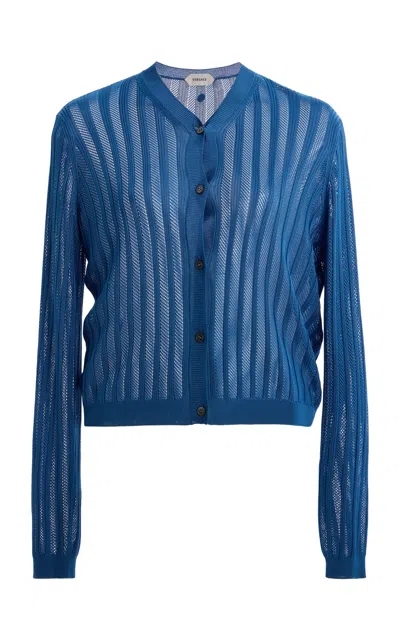 Versace Knitted Mesh Ribbed Sweater In Blue