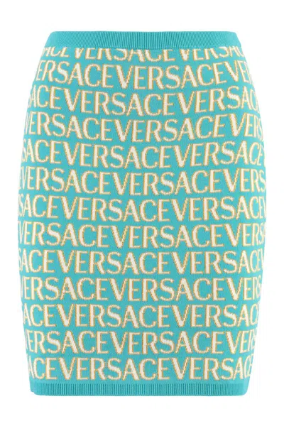 Versace Allover Knitted Miniskirt In Blue