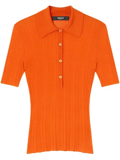 Versace Knitted Polo Shirt In Orange